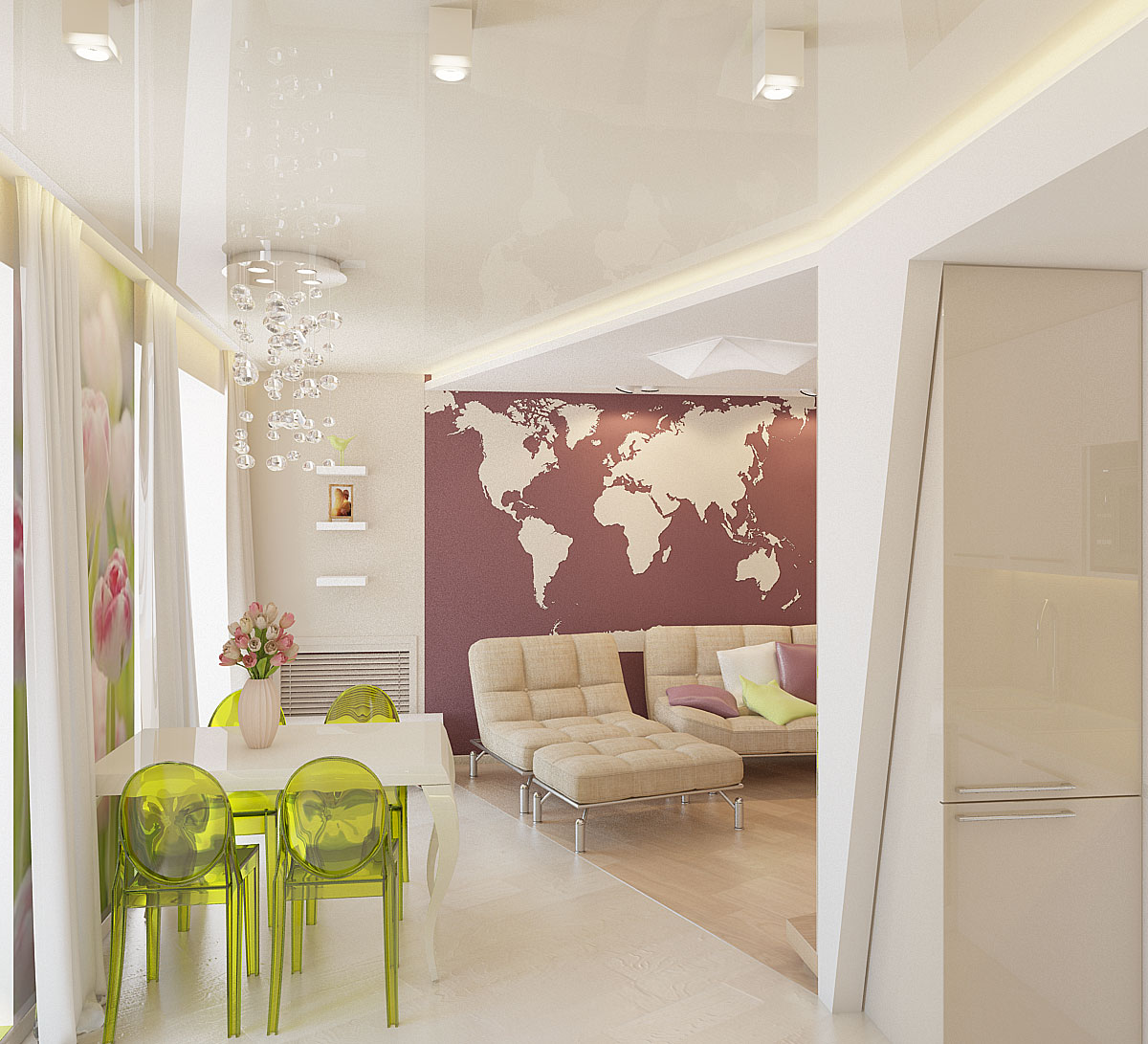 Двухуровневый потолок с подсветкой и люстрой