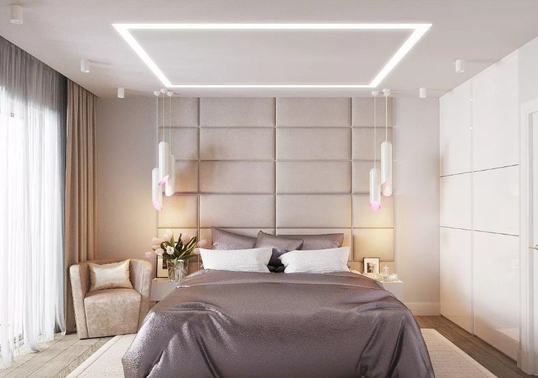 Матовый потолок со световыми линиями