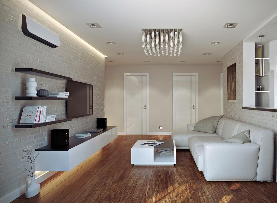 Парящий потолок с люстрой и светильниками для гостиной