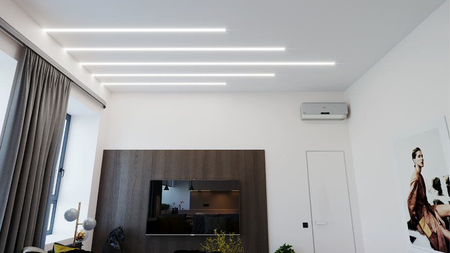 Матовый натяжной потолок со световыми линиями в гостиную